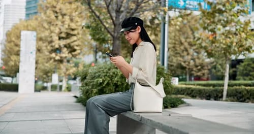 Woman, phone and typing in city of Japan, communication and online for message notification