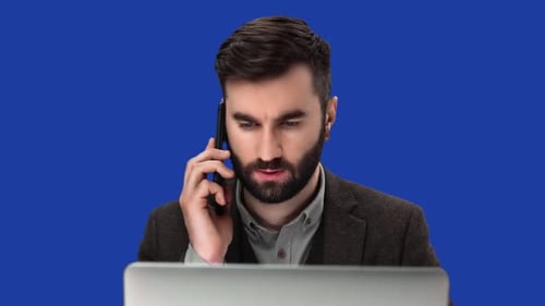 Male Boss Employee Sales Manager Talking Smartphone Working Laptop Chroma Key Isolated Blue Screen