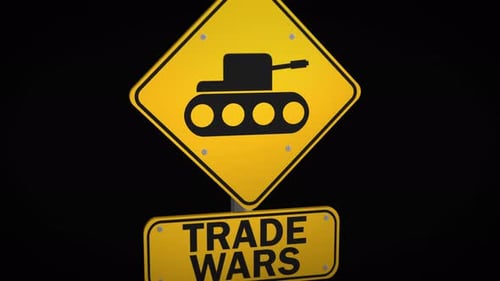 Yellow warning style road sign with upward arrow and tariffs label symbolizing increasing trade tari