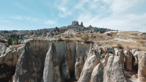 Drone View on Uchisar Castle Valley Goreme Capadoccia Turkey