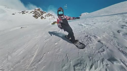 Front view of snowboard freeride. Professional snowboarder ride down the mountain slope at sunny win