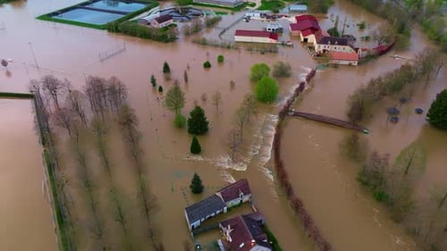 Aerial View the Flooded Houses and the City The Houses are Flooded with Dirty Water of the Flooded