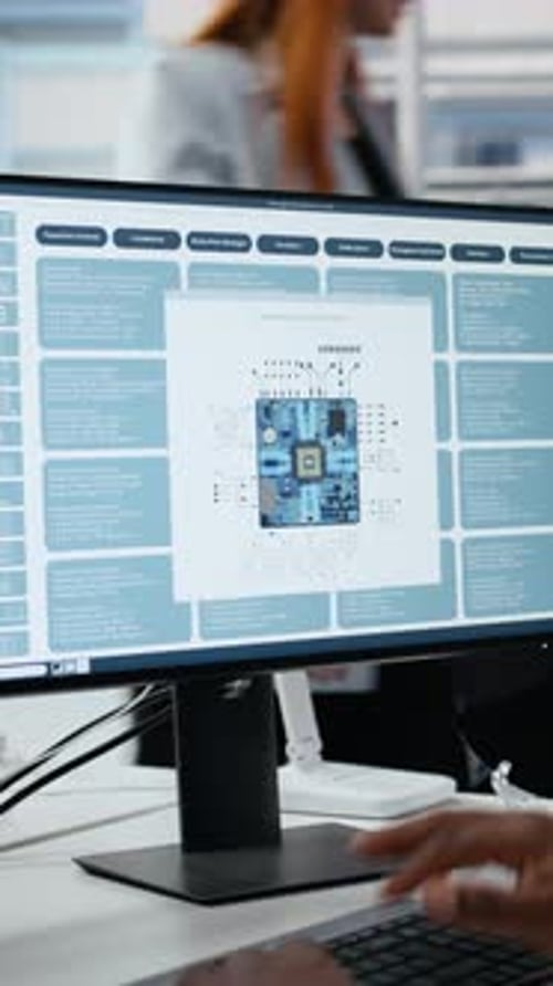 Vertical Video Technician in Microchip Factory RD Workspace Optimizing Production with PC