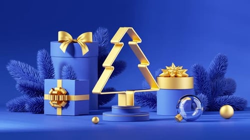 Modern Gold Christmas Tree with Festive Gifts Animation