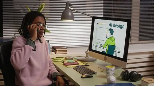 Woman Talking On Phone While Looking At Computer