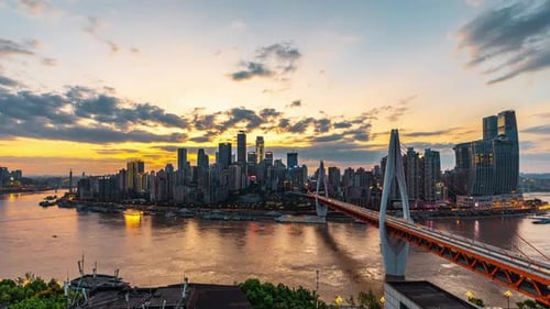 Stunning Chongqing Skyline Sunset Over the River and Bridge