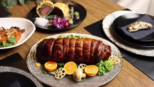 Holiday Feast of Meat and Gourmet Cuisine