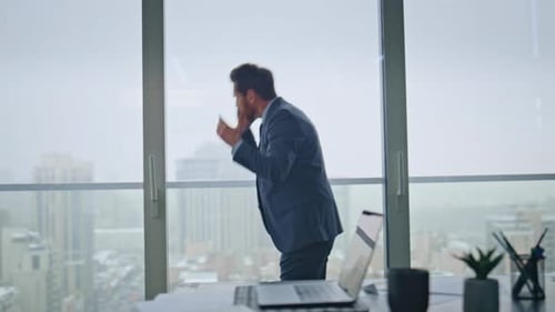 Employee Frustrated Phone Call Gesturing Hands at Office Businessman Arguing