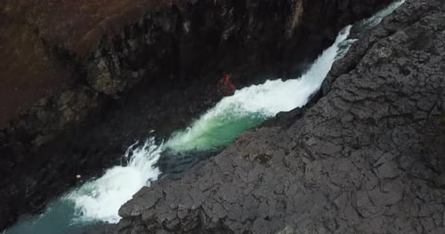 Magical Natural Beauty of Iceland, Glacier River and Waterfall in Basalt Column Studlagil Canyon, Ae