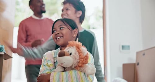 Real estate, couple and children in new home or excited for mortgage, investment