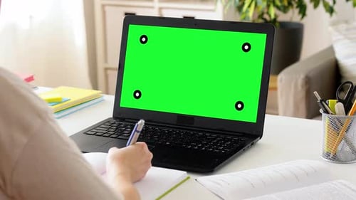 Education, Online School and Distant Learning Concept - Student Woman with Green