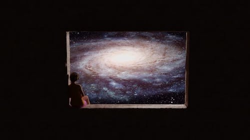 Silhouette Gazes at Rotating Spiral Galaxy Through Window