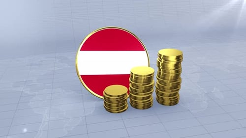 Austria Flag With Plain Gold Coins Tower