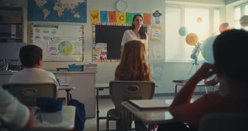 Talented Girl Talking Presenting Homework in Front of Classroom Full of Classmates