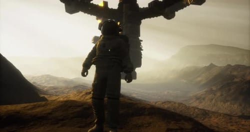Astronaut Exploring the Martian Landscape Beneath a Futuristic Structure