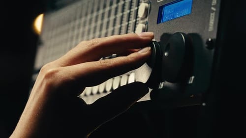 Soundboard Pads Station Closeup Sound Designer Use Digital Audio Mixer in Production Studio Sound