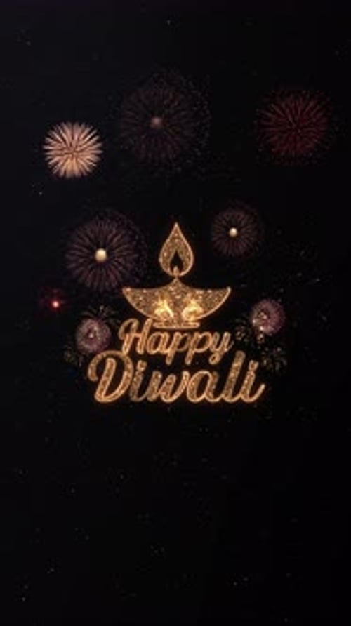 Happy Diwali Golden Diya Lamp and Fireworks Vertical Greeting