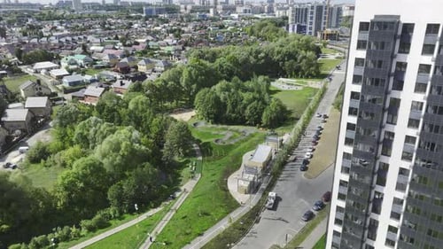 Park with Lush Trees Near Road with Driving Vehicles in City