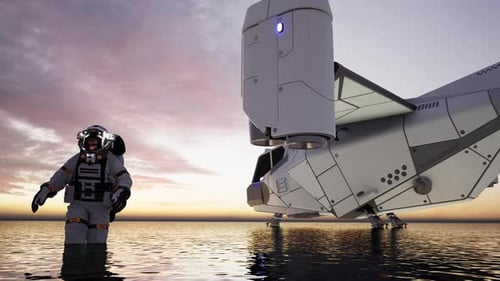 Futuristic Astronaut and Spaceship Exploring Alien Water Planet