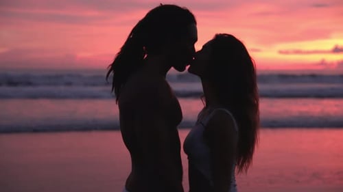 Couple Of People In Love At Sea Beach Or Man And Woman Together At Ocean Water