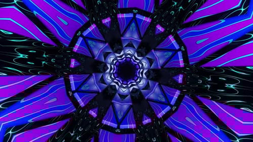 Blue and purple abstract design with black background. Kaleidoscope VJ loop