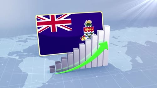 Cayman Islands Flag With Increasing Bar Chart Graph And Arrow Green