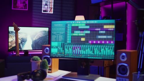 Home Recording Studio at Night with Music Equipment