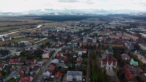 Aerial view of the city of Nowy Targ in Poland