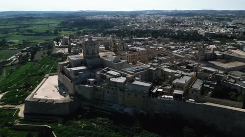 Aerial video of the walled city of St Paul's Cathedral, Maltaity of Medina, Malta