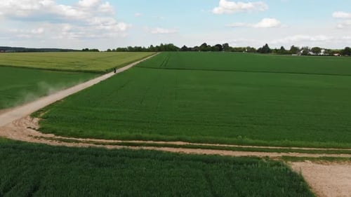 Motorcycle drives on a dirt road,
filmed by a drone.
It is a yamaha mt09