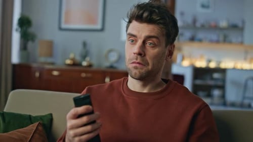 Portrait Guy Looking Television Show at Couch Handsome Man Choosing Channel