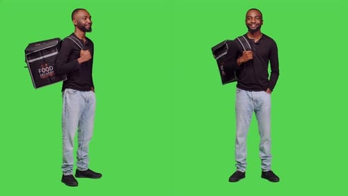 Man Stands with Food Delivery Bag on Green Screen