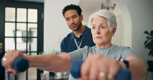 Senior Woman Exercising with Trainer at Home