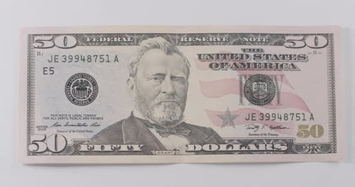 American Fifty Dollar Paper Banknote in Close Up macroFifty USD Cash Macro View