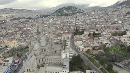 Drone shot of La Basilica del Voto Nacional located in the historic center of Quito, Ecuador. Virgin