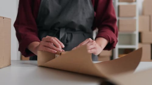 Small Business Packing Parcels Kraft Wrapping Paper Warehouse Worker Girl Prepares Packing Parcels