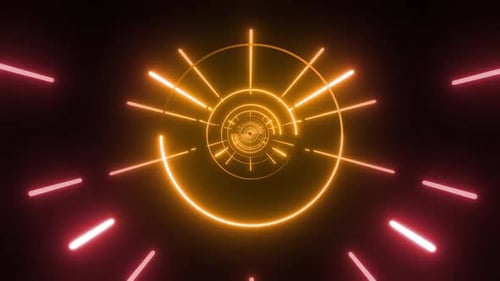 Dynamic neon tunnel vortex with vibrant orange and red light streaks