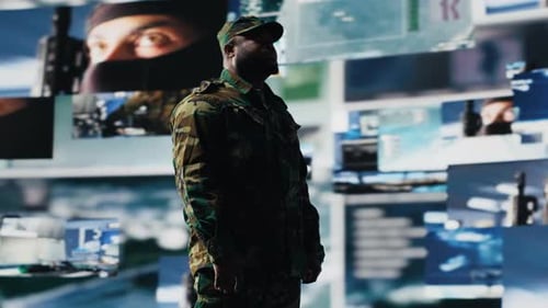 Black Army Officer Working in a Virtual War Zone with Digital Satellite Data