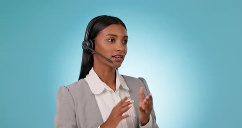 Call center, talking and woman in studio for customer service, FAQ advisory or IT questions