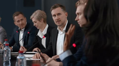 Speech of Political Speaker at Meeting Room of Modern Business Center. Man