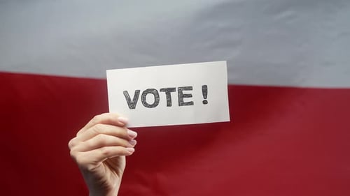 Woman Holds Title Sign With Text Vote Polish Flag Background General Elections in Poland