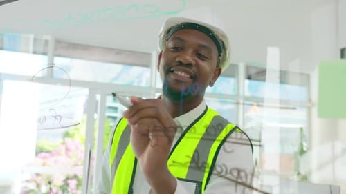 Black man, engineer and writing on glass board for planning, construction