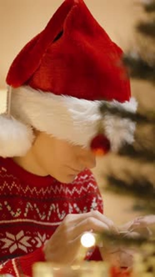 Vertical video. A Woman in a Red Festive Sweater and Santa Hat Works Intently on a Craft Project, Su