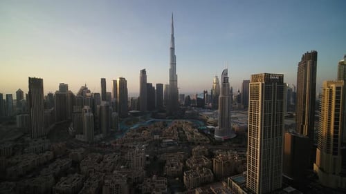 Aerial view of city skyline with Burj Khalifa, Dubai, UAE.