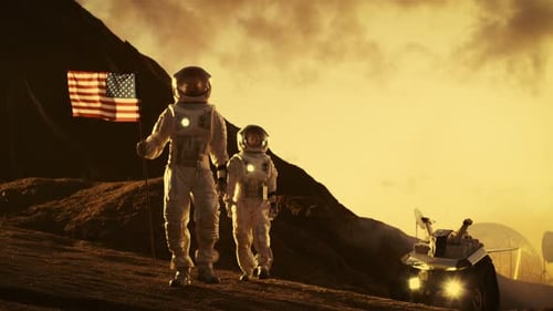 Astronauts with American Flag on a Mars-Like Planet