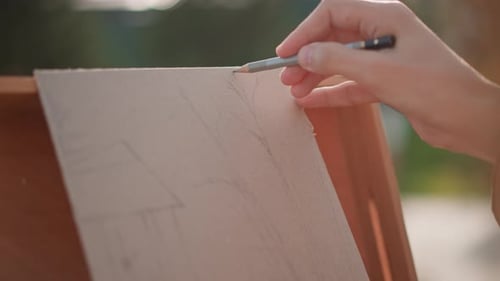 Painter Draws Outside Artistic Creator Sketches Architecture on Canvas Outdoors Skilled Artist