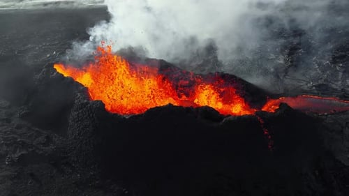 Volcano Eruption Red Hot Burning Lava Erupts From Ground Drone Fly Over Active Volcanic Crater