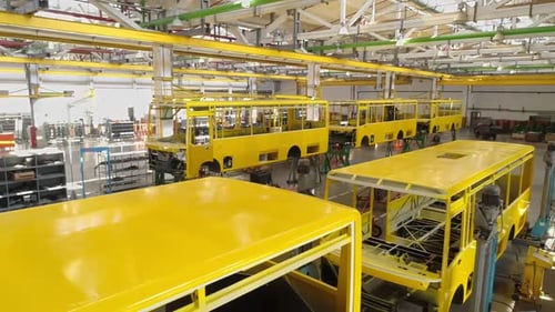 Frames of Bus on the Conveyor Line of the Plant for the Production of Transport