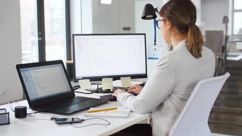 Business, Programming and Technology Concept - Tired Female Programmer with Script On