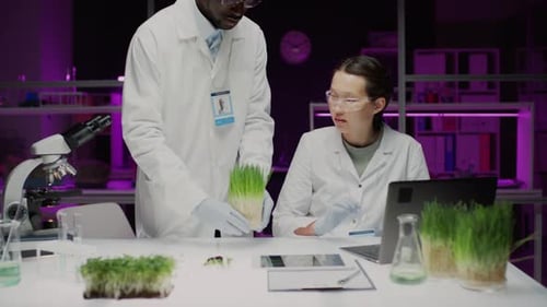 Scientists Analyzing Plant Specimen in Brightly Lit Laboratory